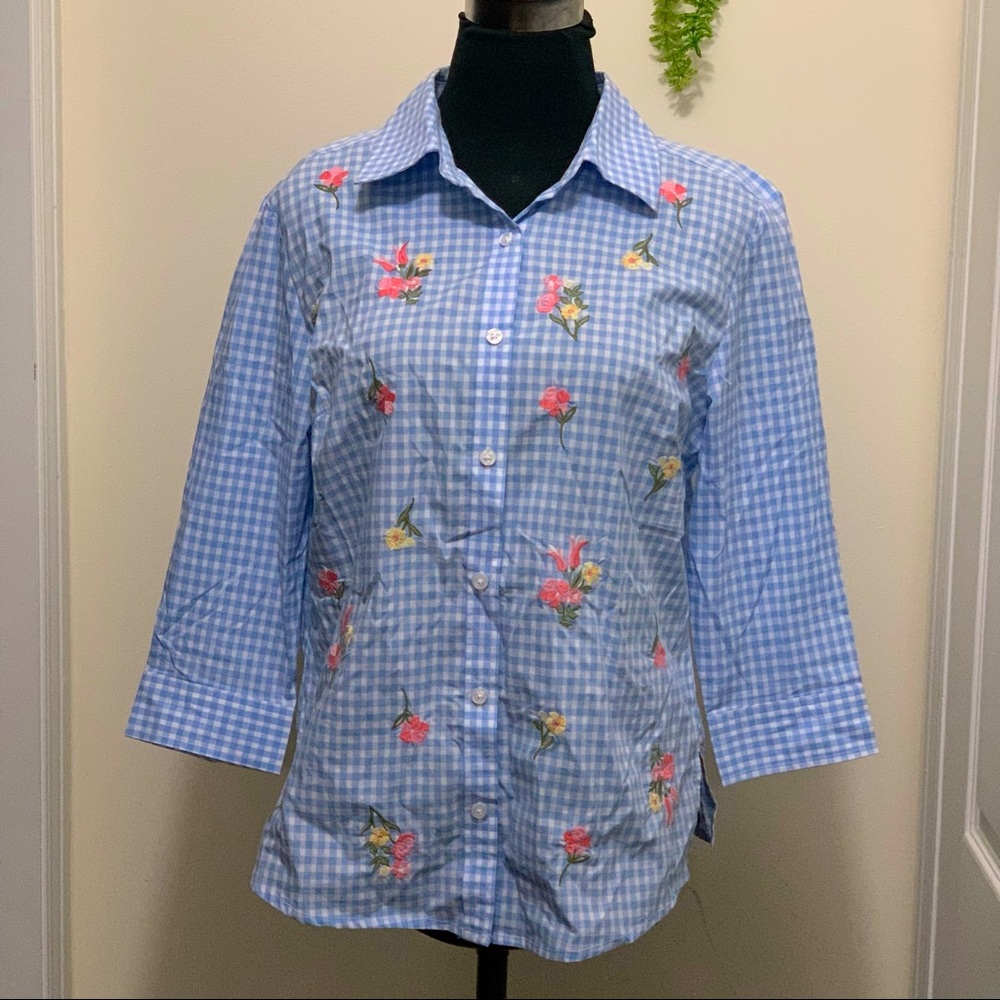 Karen Scott 100% Cotton Button Down Gingham Checkered Shirt